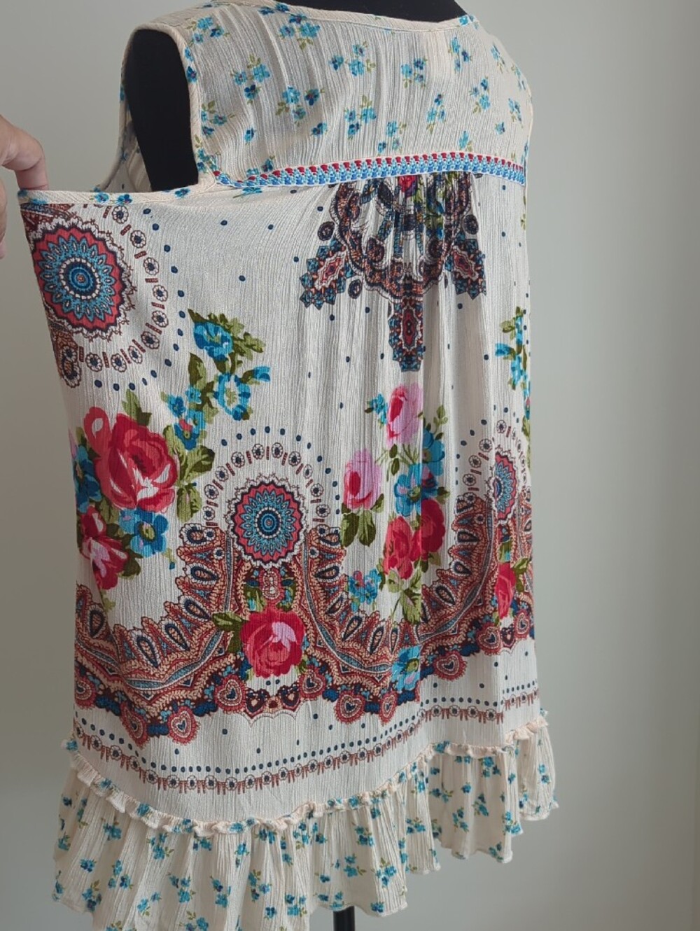 Bila Bohemian Crinkle Gauze Flowy Tassel Tank Top Floral Paisley Medallion XL - Picture 7 of 10